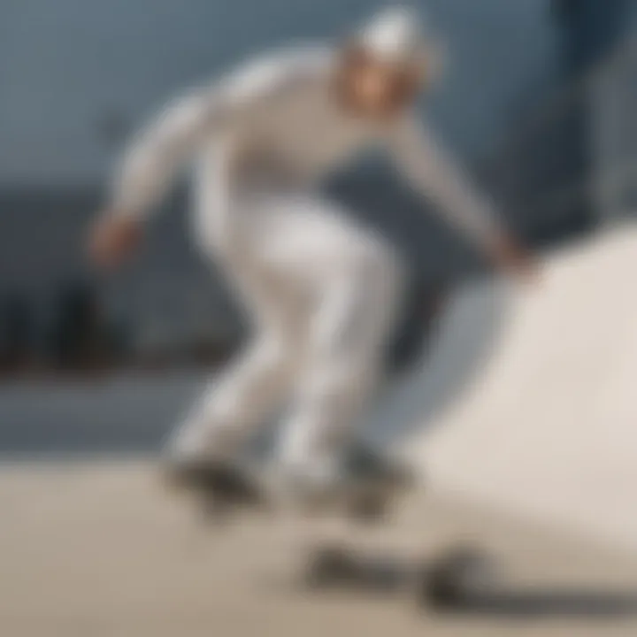 A skateboarder performing a trick while wearing white Dickies