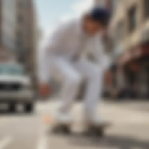 A close-up of a skateboarder wearing white Dickies in an urban setting