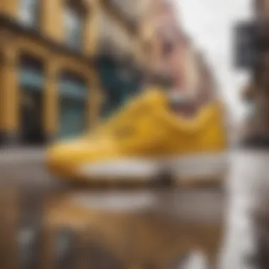 Lifestyle shot of Fila Disruptor Yellow with urban background