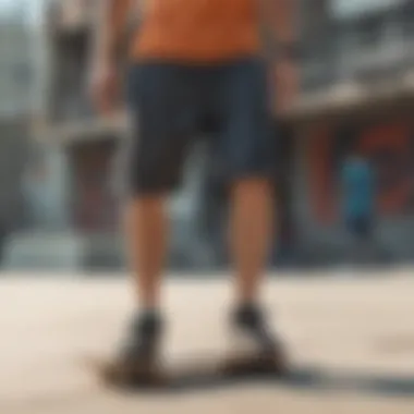 A skateboarder wearing Fox board shorts in an urban skate park