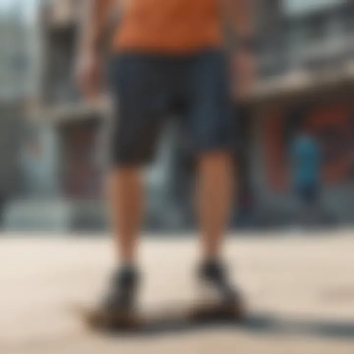 A skateboarder wearing Fox board shorts in an urban skate park