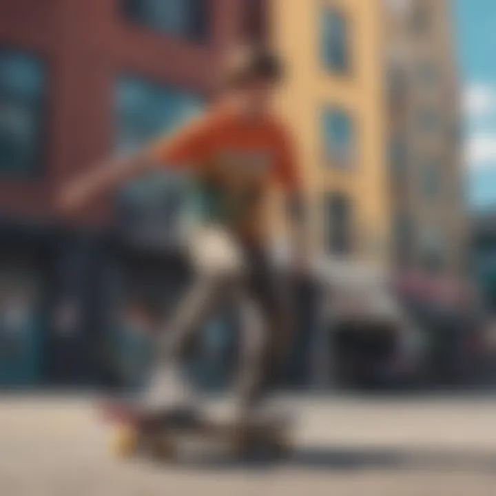 A vibrant graphic tee showcasing a skateboarder in action against an urban backdrop