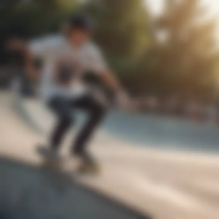 A skater wearing a graphic tee, performing a trick at a skate park, embodying the culture's spirit