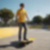 Vibrant graphic tee with yellow accents displayed in a skate park