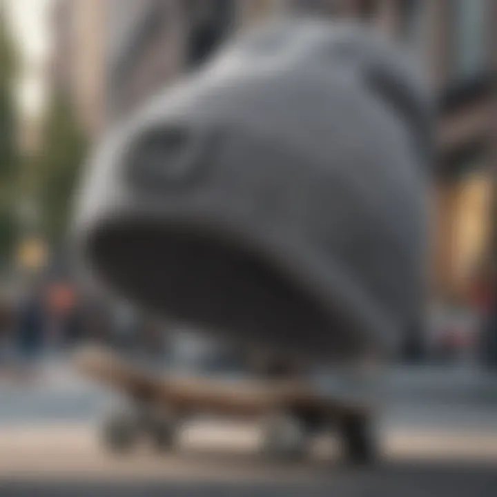 Stylish grey Adidas beanie on a skateboard