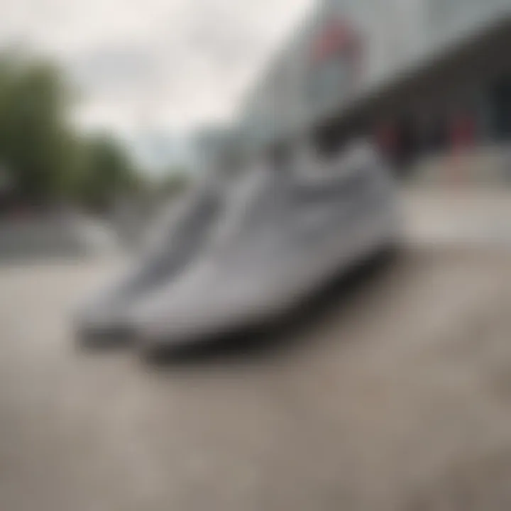 Skaters wearing grey vans in an urban skate park setting