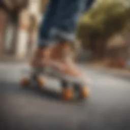 Detailed view of foot positioning on a skateboard