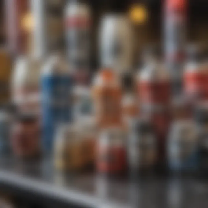 An array of different skateboard bearing lubricants displayed on a workbench.