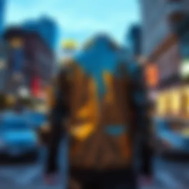 A reflective view of the Members Only Reflective Jacket against a city backdrop