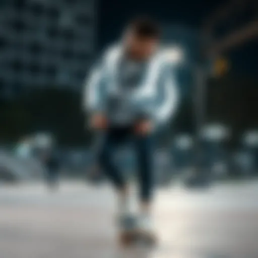 A skater showcasing the Members Only Reflective Jacket in an urban skate park setting