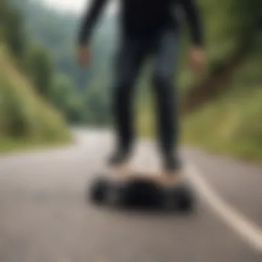 An action shot of a rider skillfully maneuvering a Mercer longboard on a scenic hill