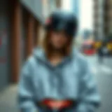 A stylish grey crop top hoodie paired with skateboarding gear