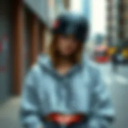 A stylish grey crop top hoodie paired with skateboarding gear