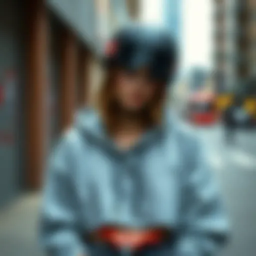 A stylish grey crop top hoodie paired with skateboarding gear