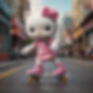 A dynamic shot of a skater performing tricks while wearing Moxi Hello Kitty skates in an urban setting.