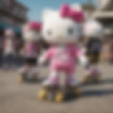 A group of diverse young skaters enjoying their time at a skate park while wearing Moxi Hello Kitty skates.