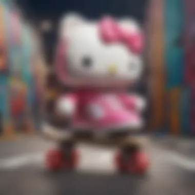 An artistic view of the Moxi Hello Kitty skates against a colorful graffiti background.