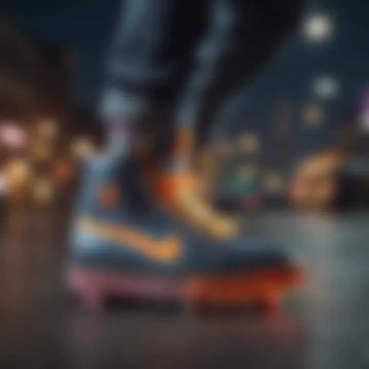 Close-up of neon shoelaces on a skateboarder's feet