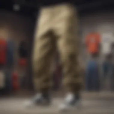 A collection of Nike cargo pants displayed in a fashionable skate shop