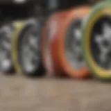 Close-up view of various longboard wheel materials