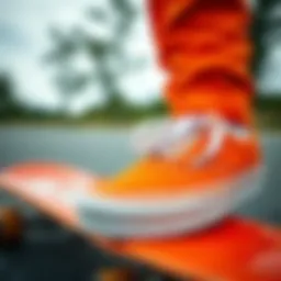 Close-up of vibrant orange vans on a skateboard