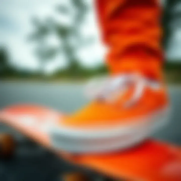 Vibrant Orange Vans on a Skateboard Close-up of vibrant orange vans on a skateboard