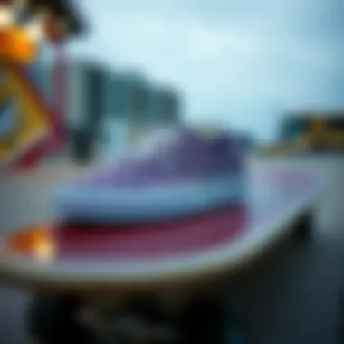 Purple checkered Vans shoes on a skateboard deck