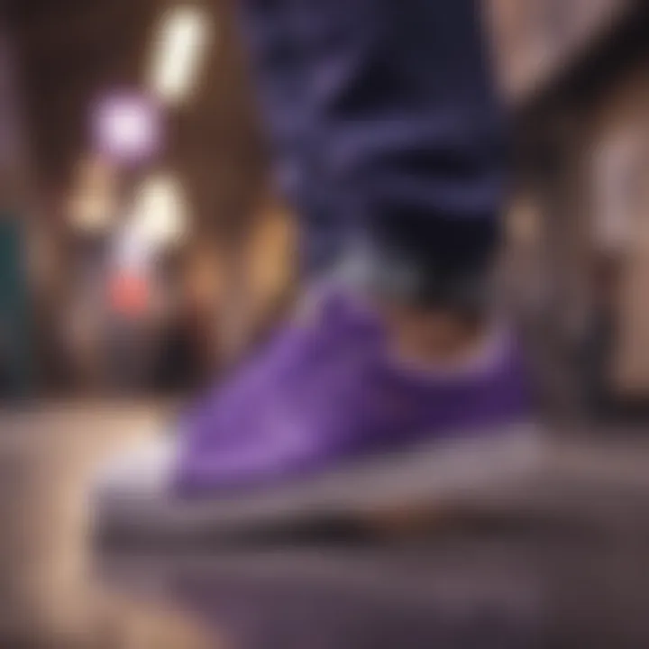 A fashion-forward outfit complemented by Purple Shell Toe Adidas shoes.