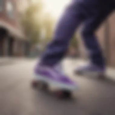 Purple Vans shoes worn during a skateboarding trick