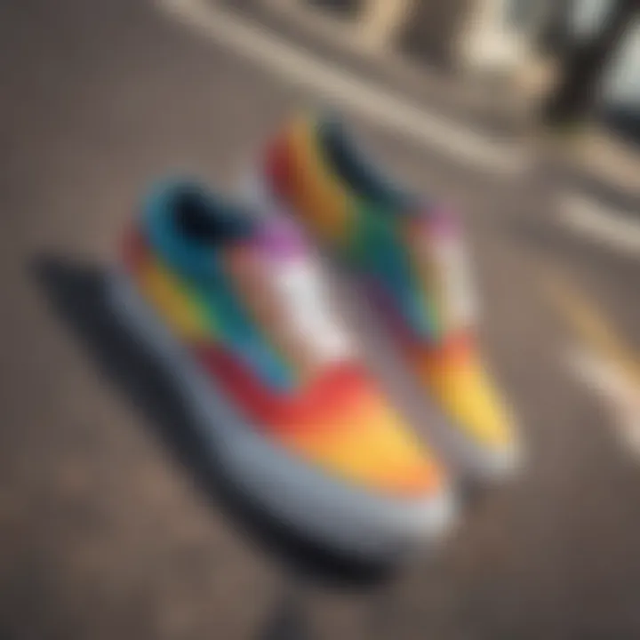 Vibrant rainbow Vans showcased on a skateboard