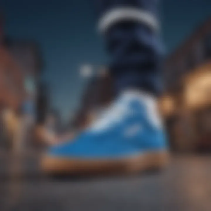 Artistic representation of the Reebok Club C Blue in an urban skate setting