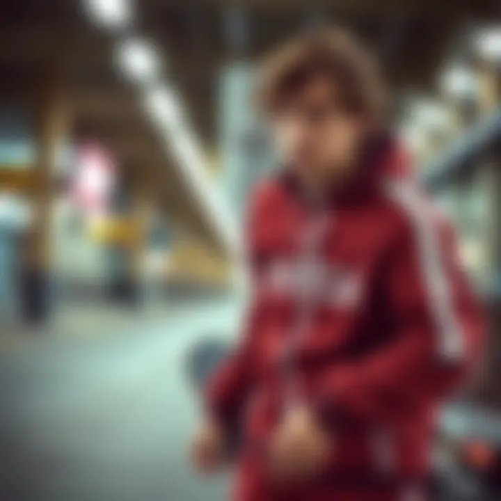 Skateboarder wearing RVCA tracksuit in an urban environment