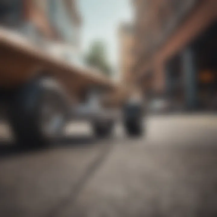 Detailed shot of the cruiser board's wheels and trucks, highlighting performance features