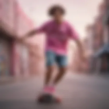 A skateboarder wearing a pink tie-dye t-shirt in action