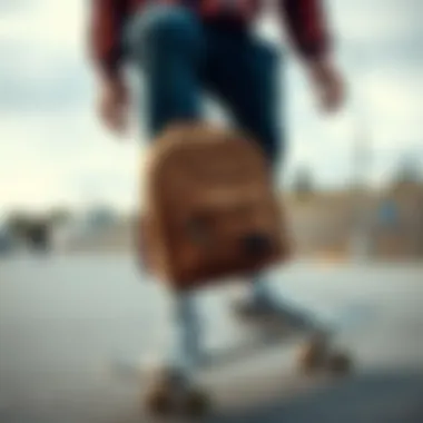 Mini Bookbag in Skateboarding Context A skateboarder showcasing a mini bookbag in action