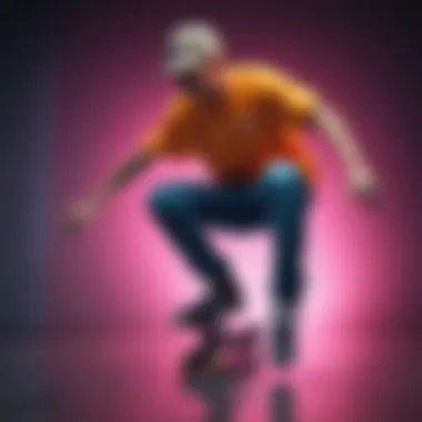 Skateboarder wearing neon apparel performing a trick