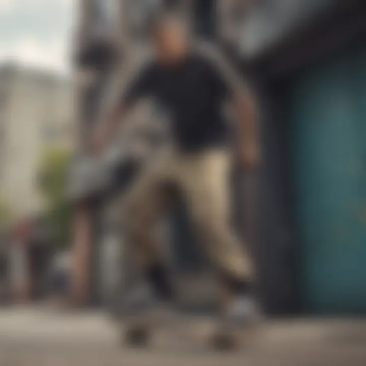 A skateboarder performing tricks while wearing Nike cargo pants in an urban setting