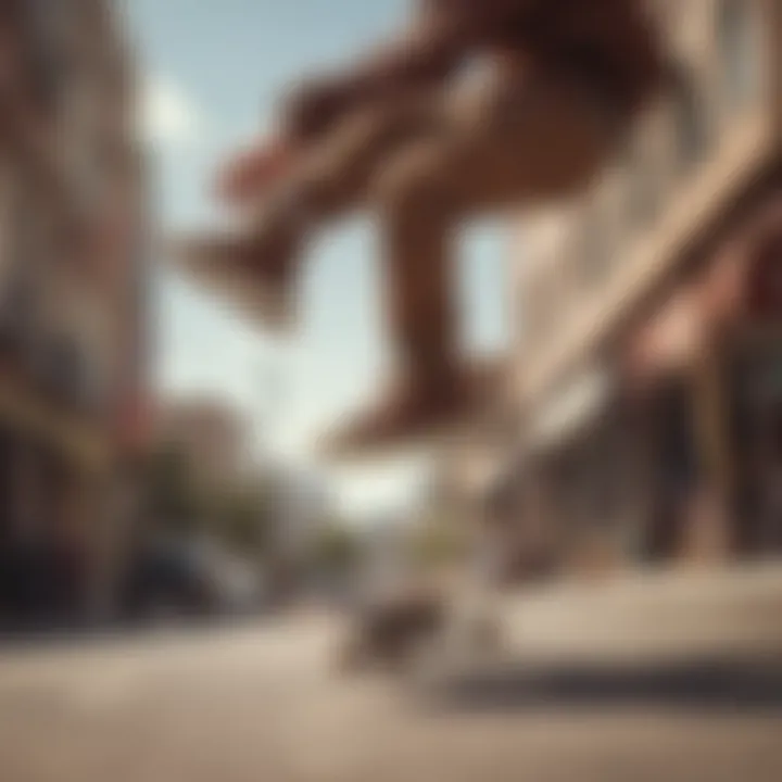 Skateboarder performing tricks while wearing brown hightops