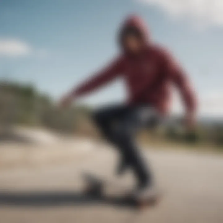 Skateboarder wearing the Vans Burgundy Windbreaker during a skate session.