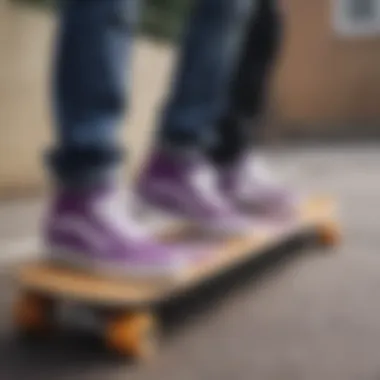 Group of skateboarders with purple Vans shoes