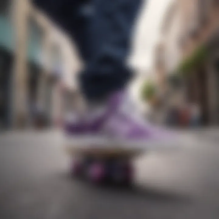 A skateboarder wearing Purple Shell Toe Adidas shoes performing a trick.