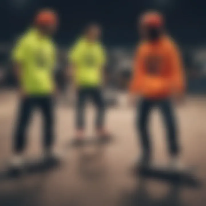 Group of skateboarders in neon outfits at a skatepark