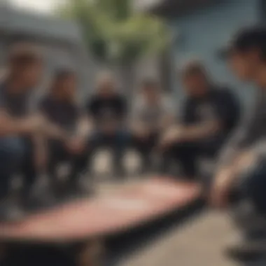 Community Discussion on Anti Hero Skateboards A group of diverse skaters discussing the features of Anti Hero skateboards.
