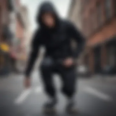 Skater wearing a black zip-up hoodie in an urban setting