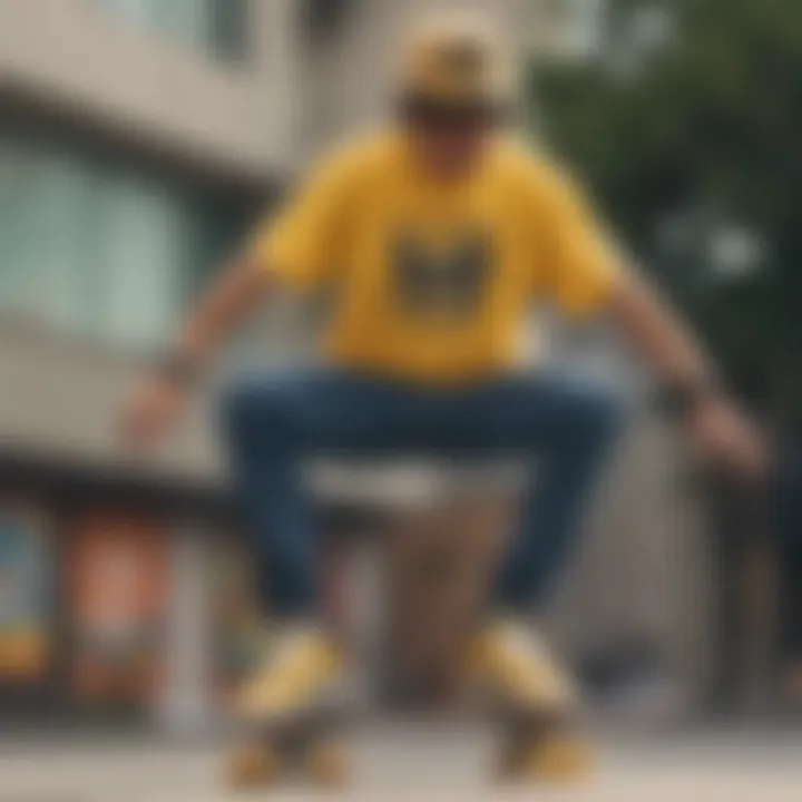 Skater showcasing personal style with a yellow-accented graphic tee