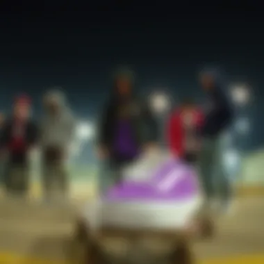 Group of skaters wearing purple checkered Vans