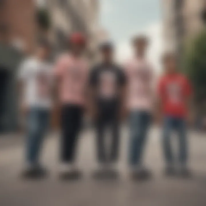 Group of skaters wearing Vans rose shirts in an urban setting