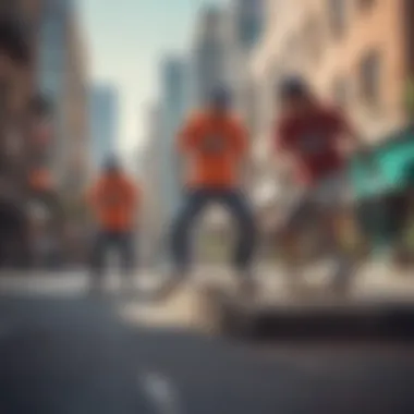 A group of skaters in a vibrant cityscape wearing various Slam Magazine tees, illustrating the garment's role in skate culture and community.