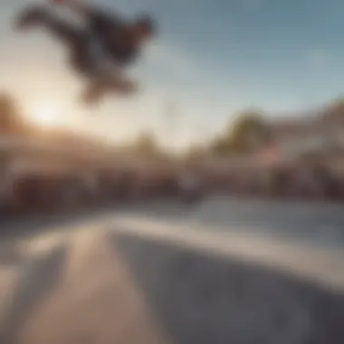 A vibrant skate park scene with skaters engaged in various tricks, highlighting community and culture.