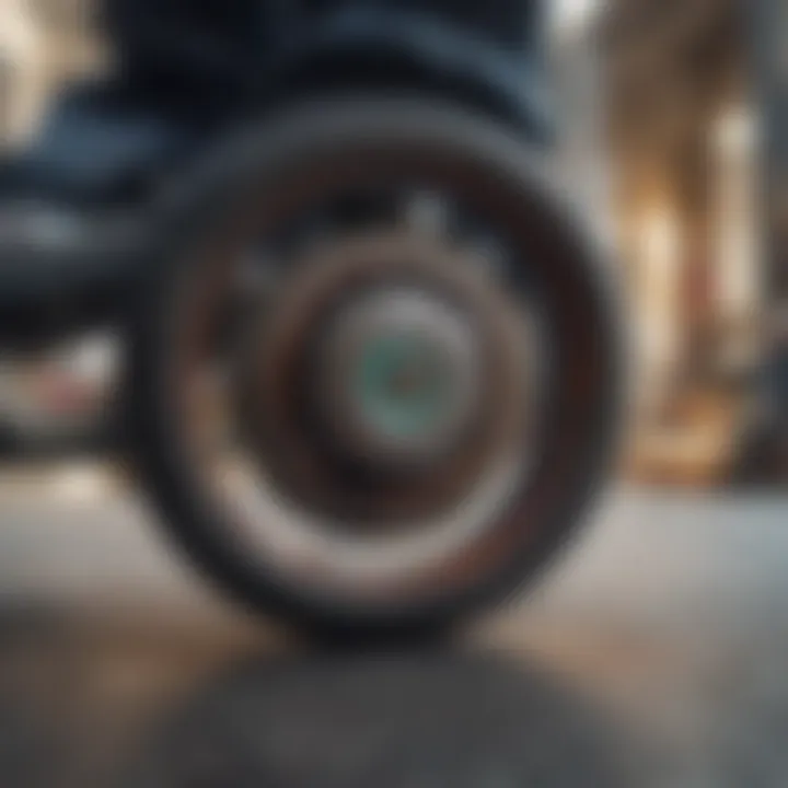 A close-up of skateboard wheels during a spin, illustrating the mechanics of movement and friction.